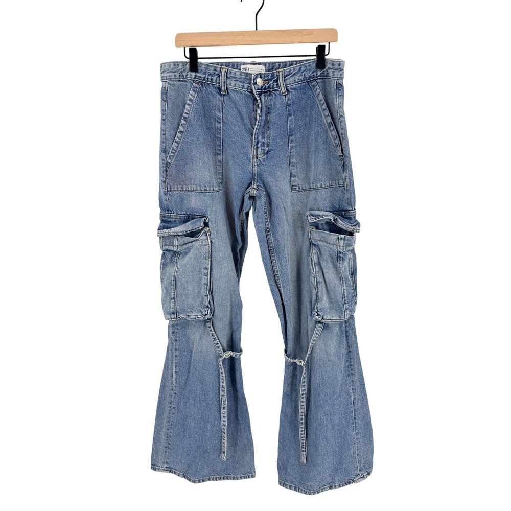 Zara Cargo Jeans Blue 8 High Rise Wide Leg Utility Streetwear Gorpcore Baggy
